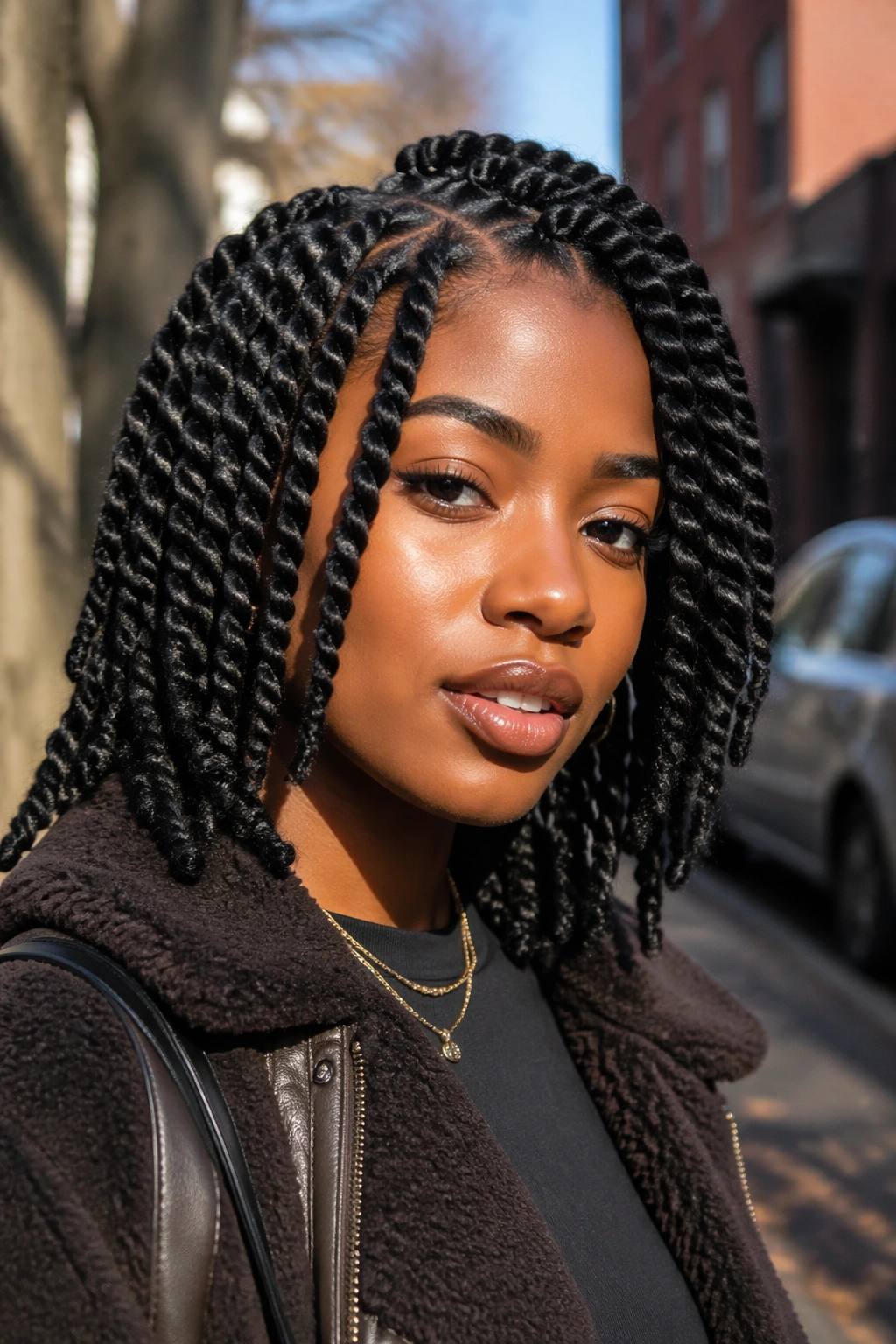 Portrait of real Black woman with two-strand twists outdoors