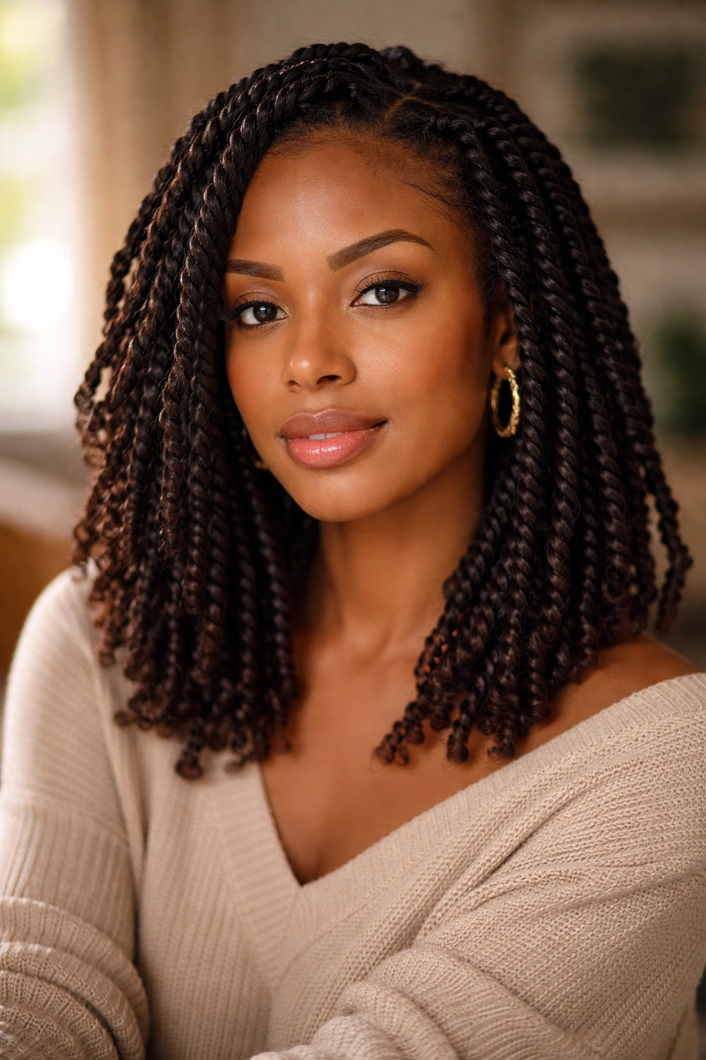 Close-up portrait of a real woman with two-strand twists in a cozy living room
