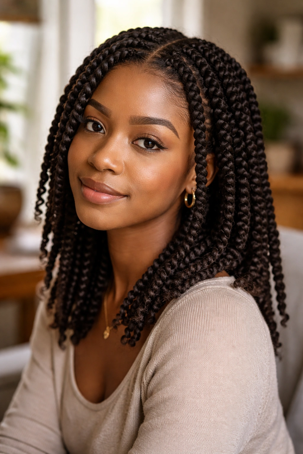 Portrait of a person with classic two-strand twists in a cozy home