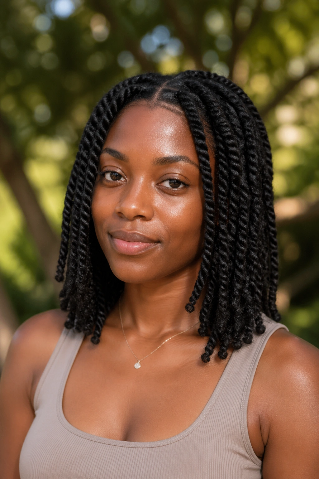 Portrait of a real person with shoulder-length two-strand twists