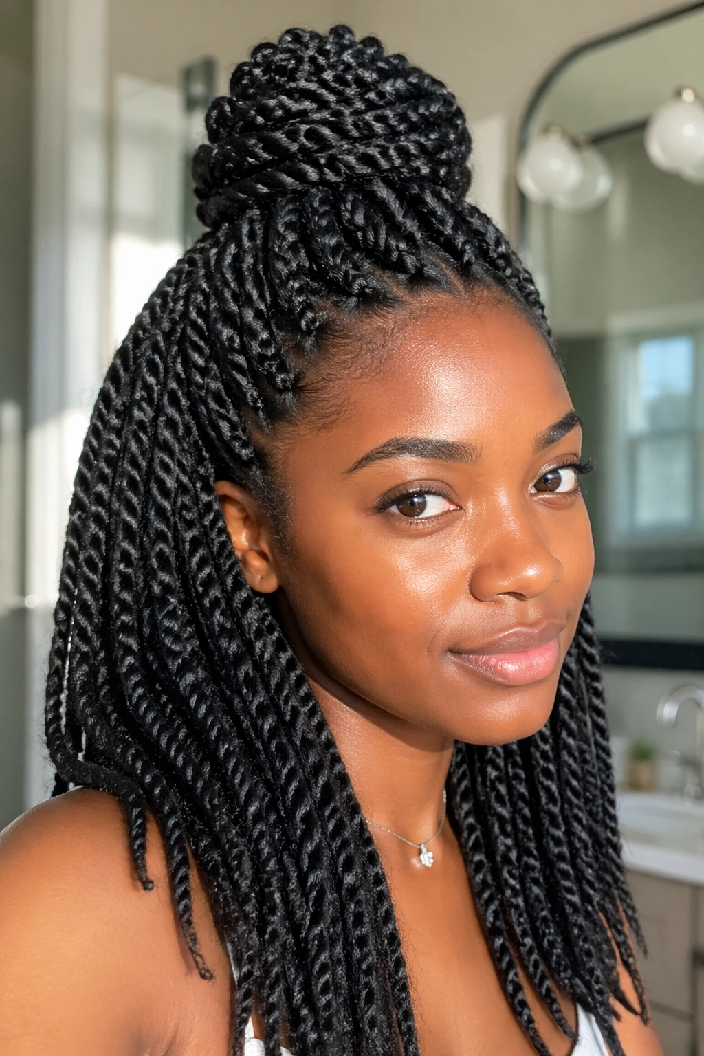 Close-up of two-strand twists half up half down on a real woman with stretched hair in a bright bathroom