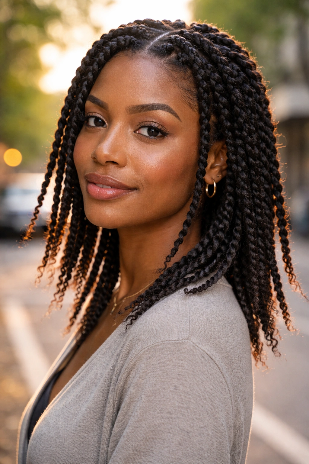 Close-up of a woman’s two-strand twists with tapered ends