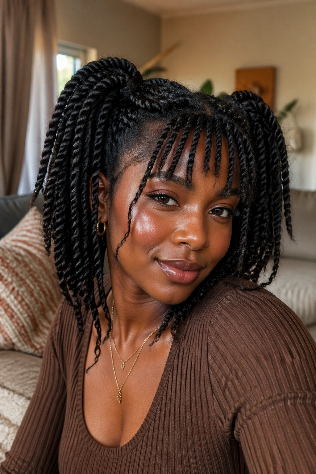 Close-up of a Black woman with two-strand twist twin ponytails and soft bangs in warm natural light