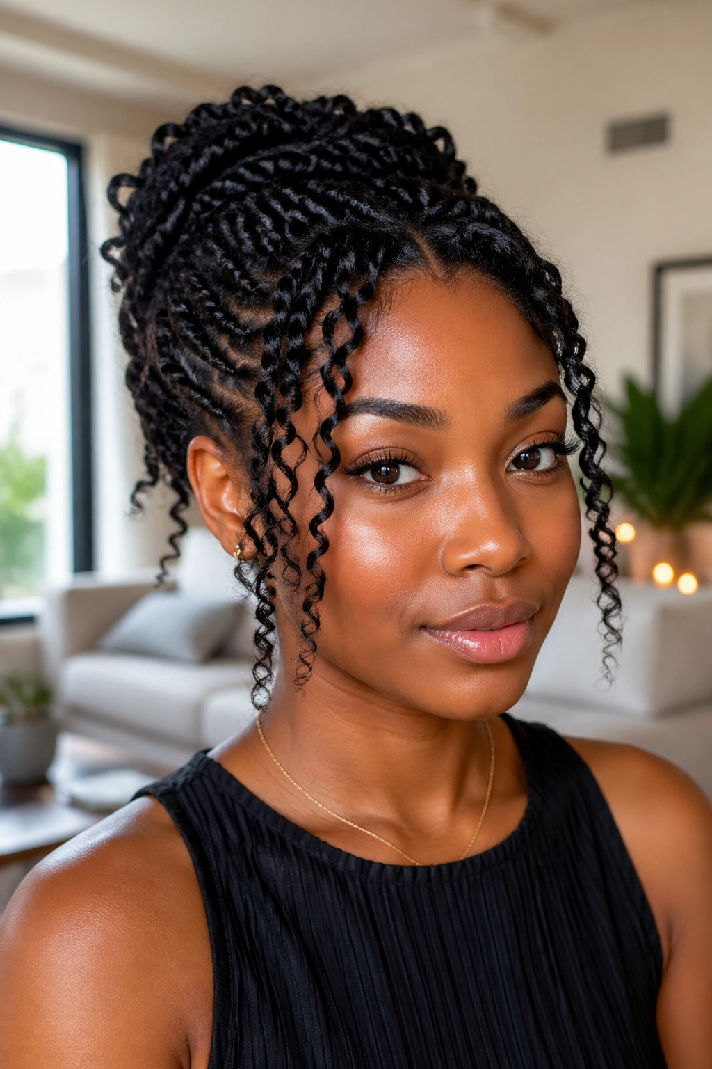 Portrait of a woman with two-strand twist updo and curly ends framing her face