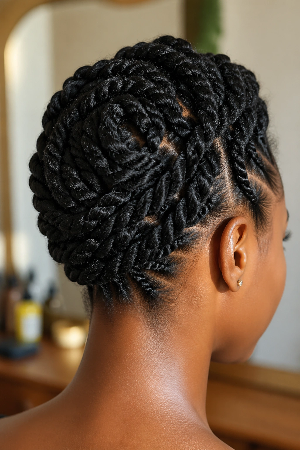 Close-up of a real woman with two-strand twists in an updo