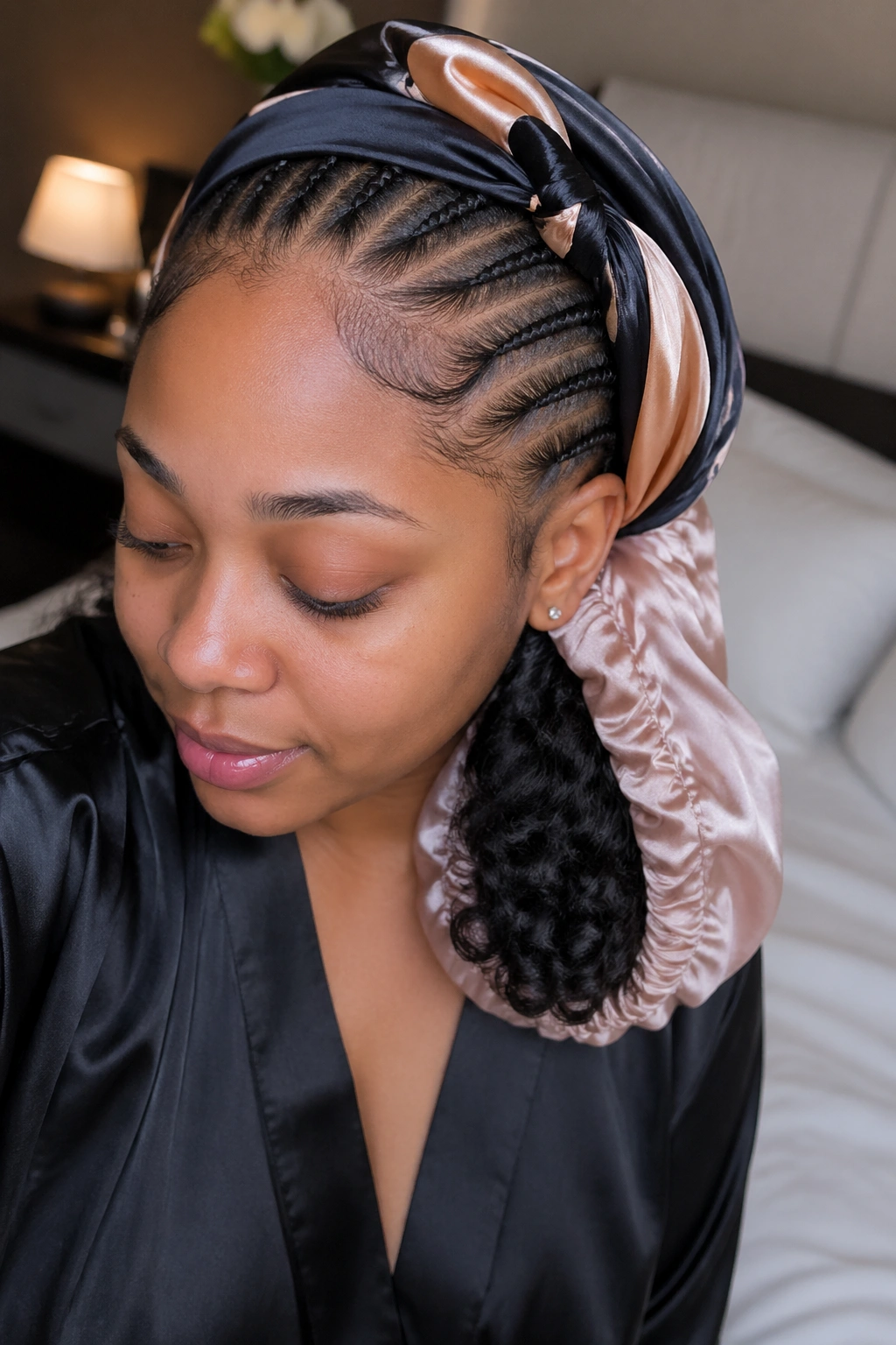 Real person with braided top and curly ends wearing satin scarf and bonnet