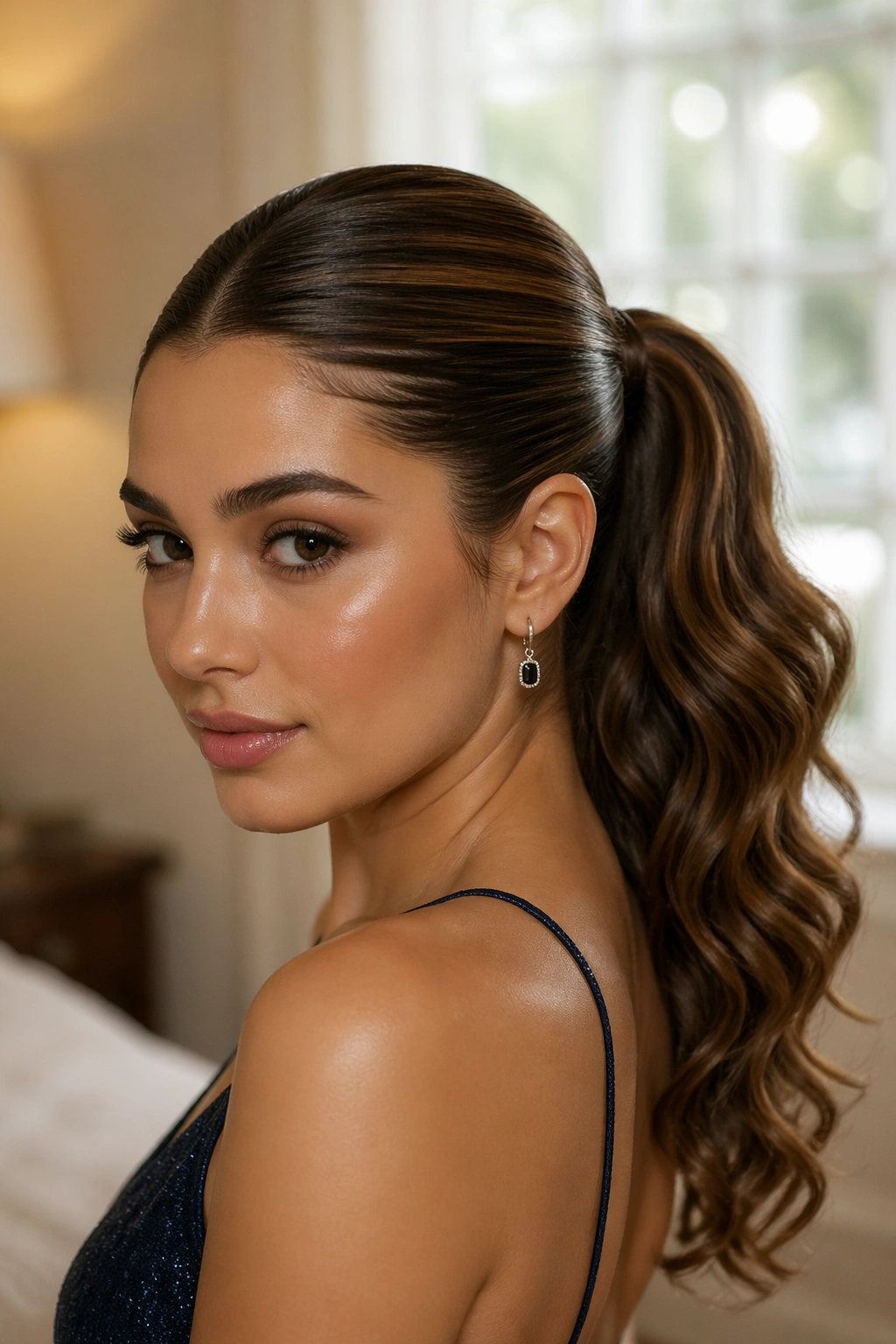 Close-up of a real woman with a two-texture mid ponytail featuring a smooth crown and curled tail