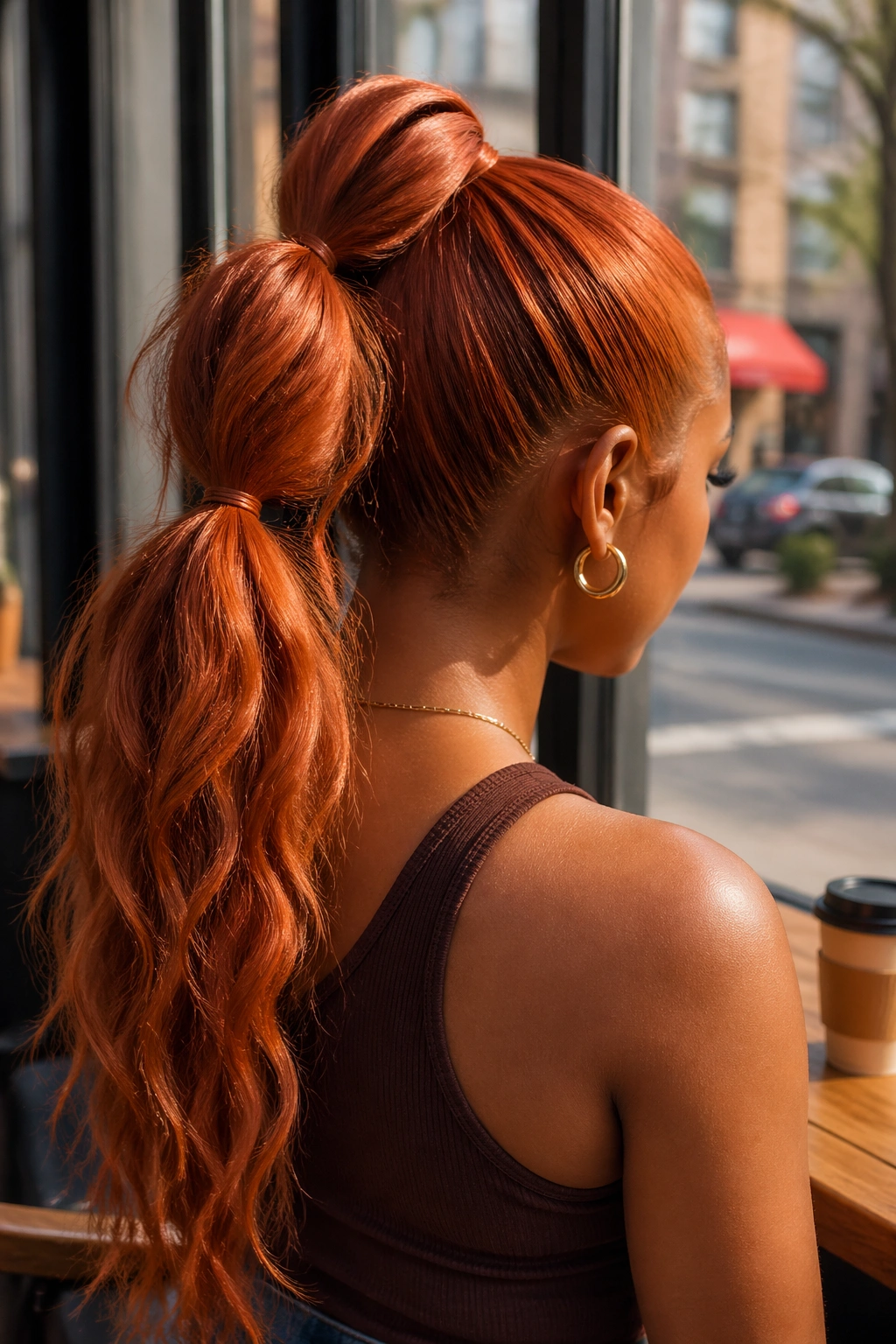 Back-of-head portrait of a real woman with a two-tier copper ponytail showing two distinct ponytails.