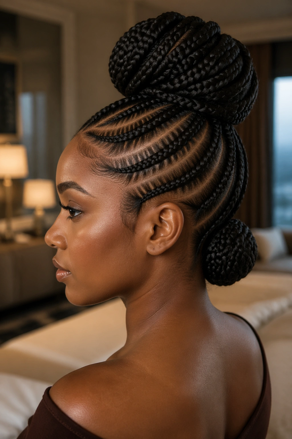 Close-up of two-tier cornrow updo with crown and nape