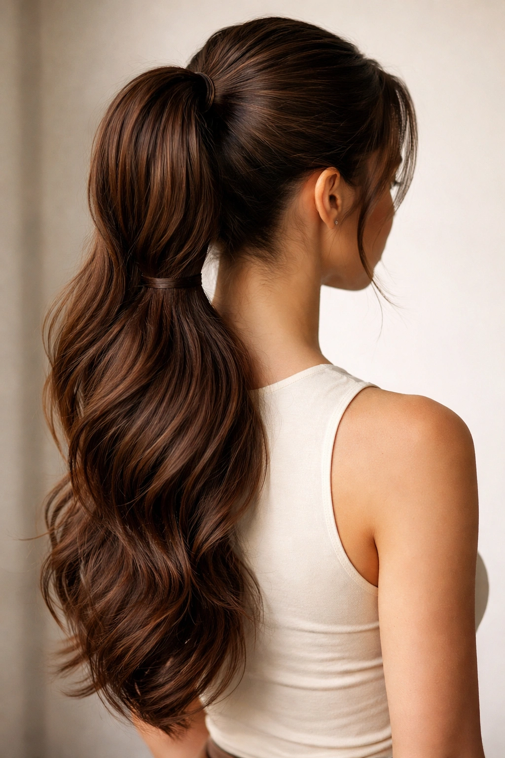 Back three-quarter view of a thick two-tier ponytail with crown over the lower ponytail