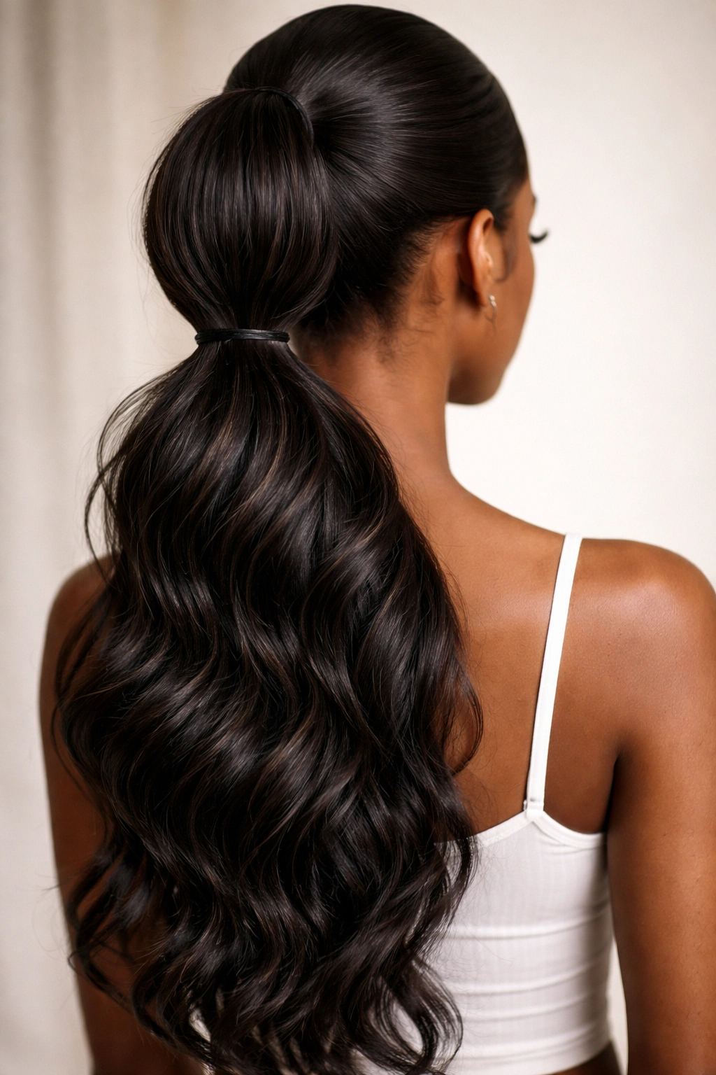 Back view of two-tier stacked ponytail showing two ties and added volume
