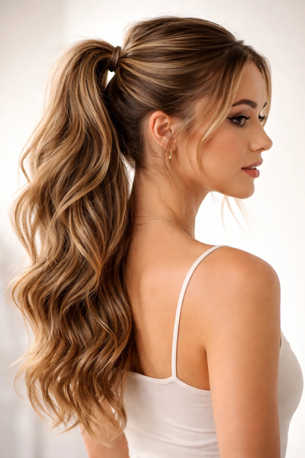 Two-Tiered Pony: crown half-up pony with lower gathered hair creating height