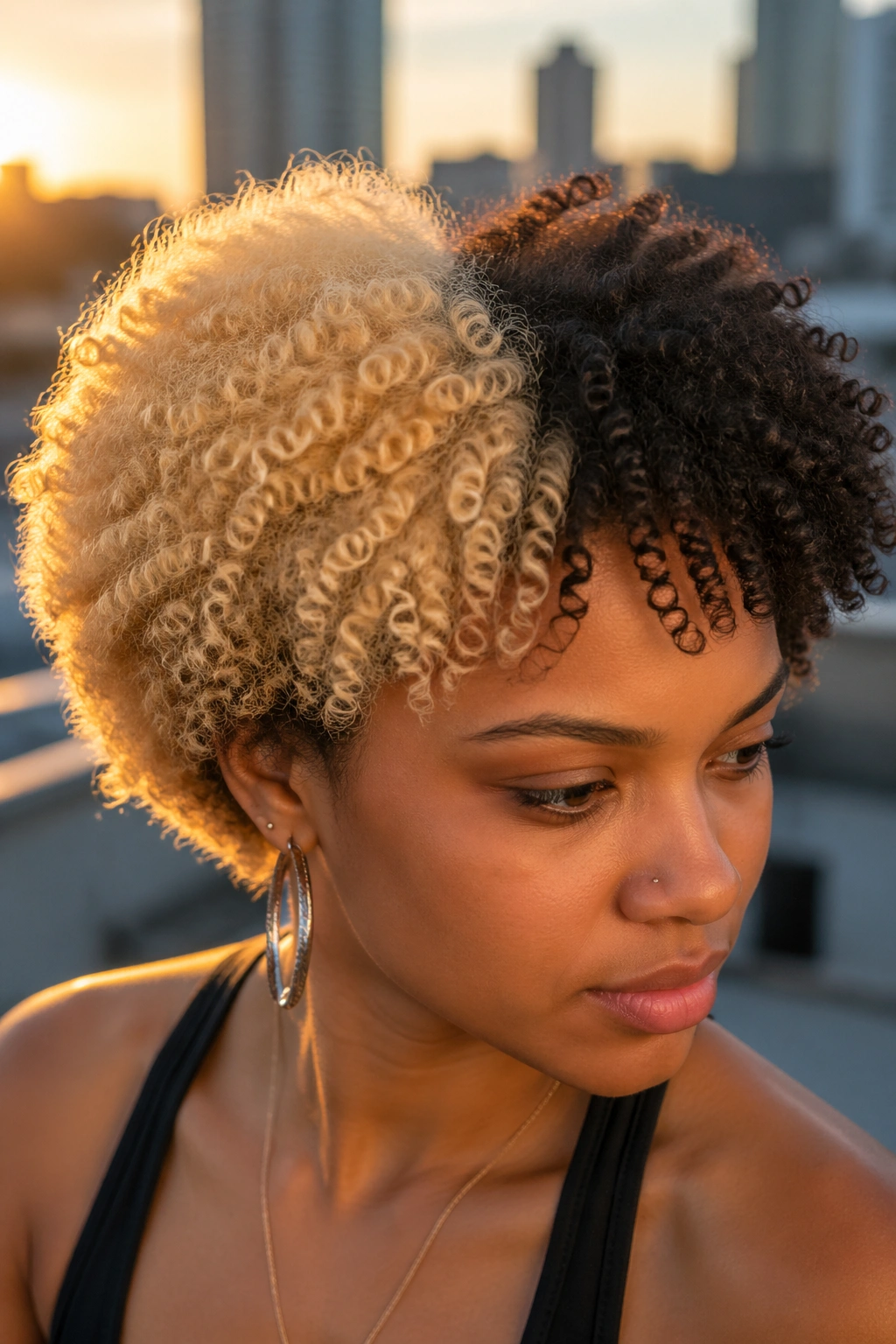 Close-up of a real woman with two-tone bleached sections in curly hair