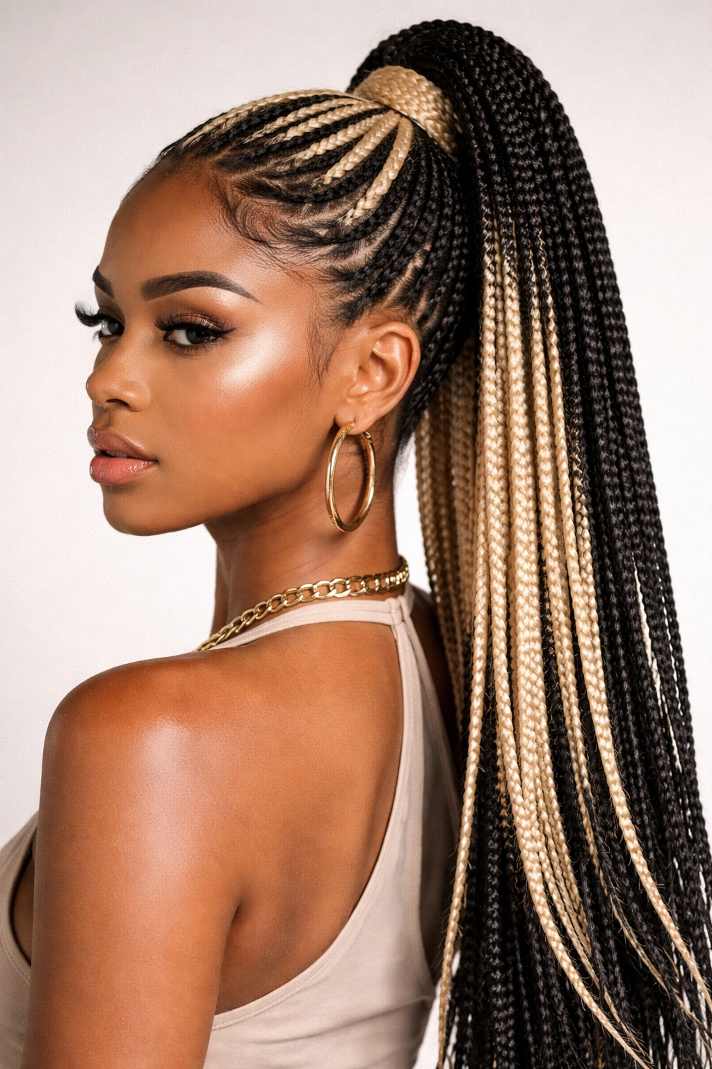 Two-tone blonde and black knotless ponytail high up