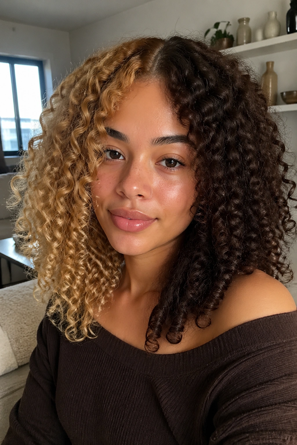 Close-up of a real woman with two-tone blonde and brown hair in natural light