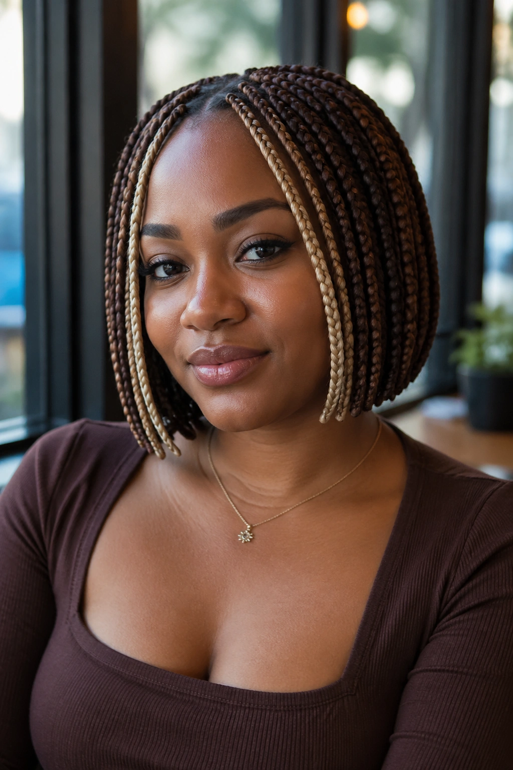 Real woman with two-tone brown and blonde bob box braids, portrait