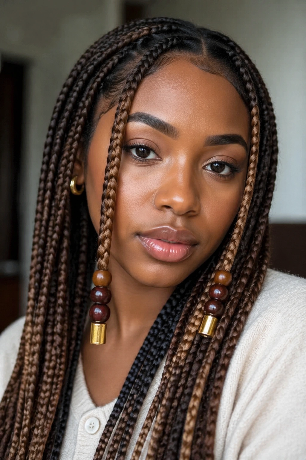 Close-up of a real person with two-tone brown box braids and chunky beads at the ends