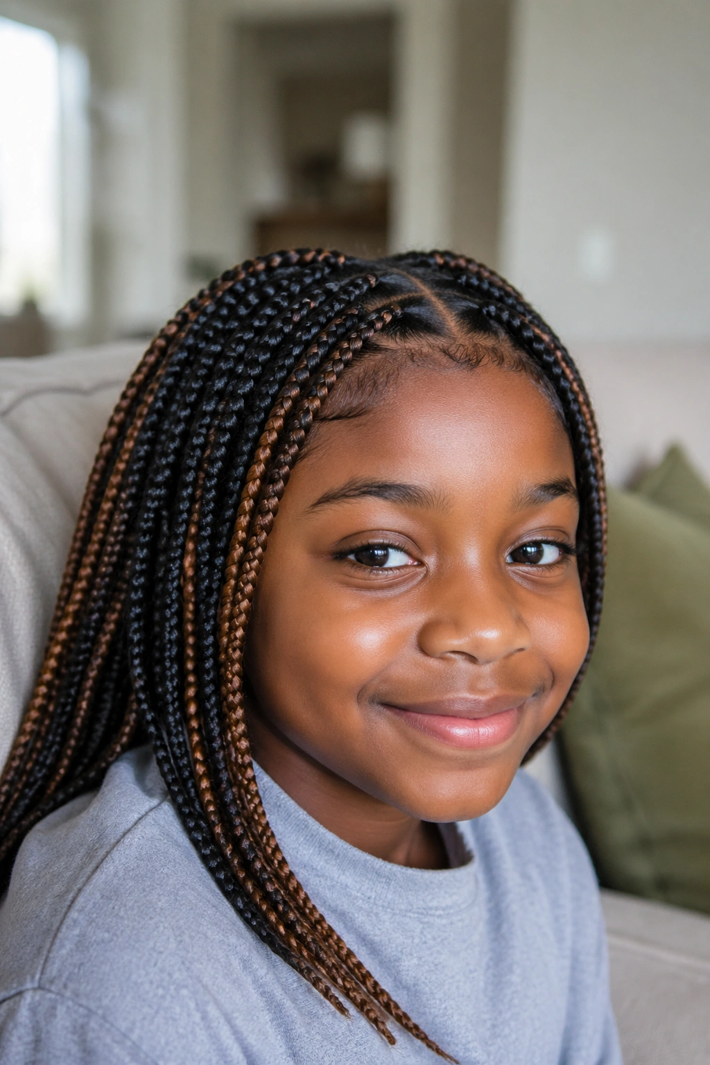 Close-up of a child with two-tone box braids near the front