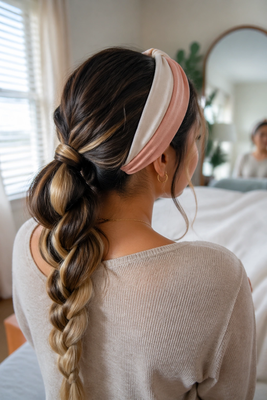 Behind-the-shoulder view of two-tone braid with color-block headband