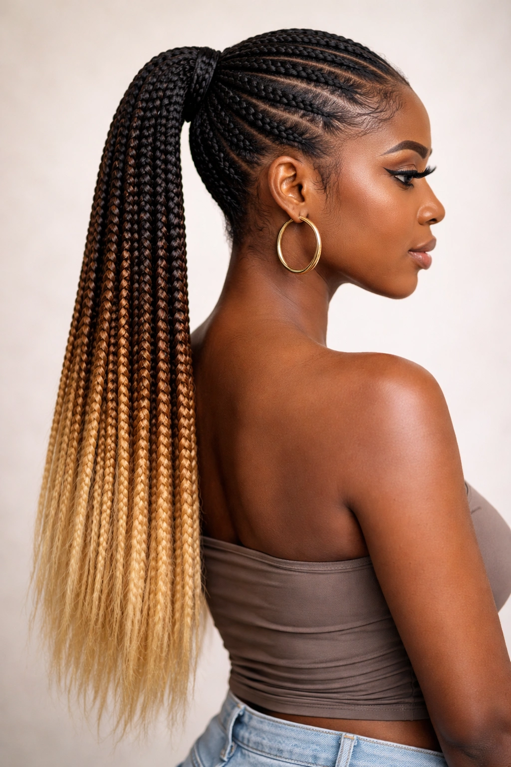 Braided ponytail with two-tone color: natural base and bold extension
