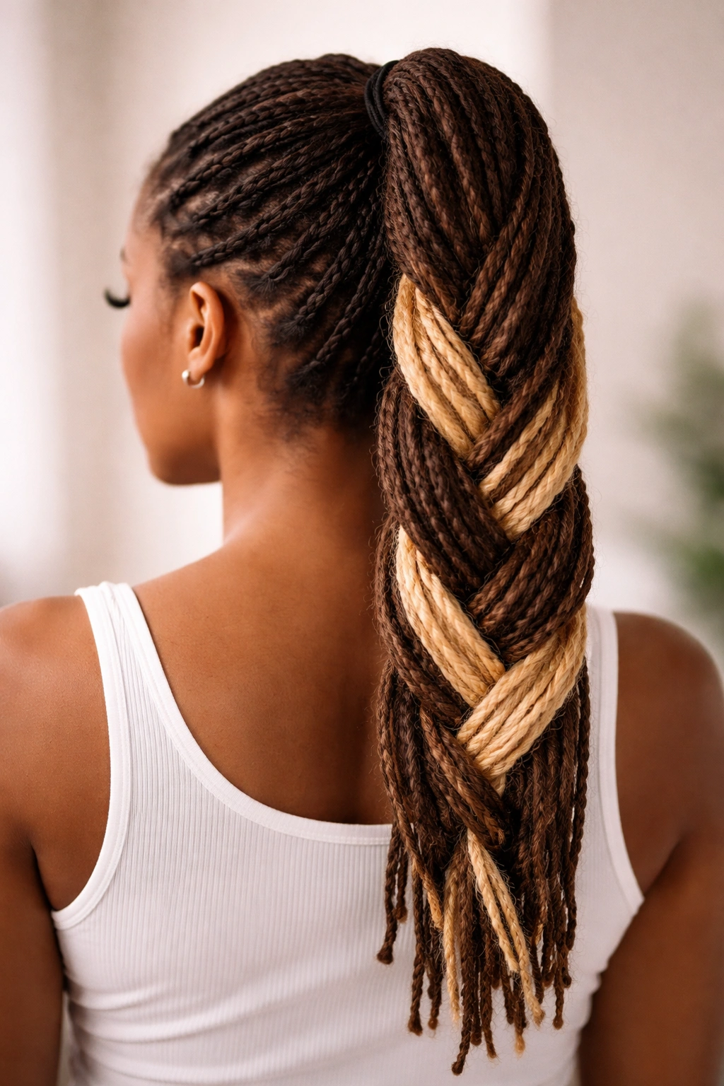 Close-up of a two-tone braided ponytail showing light and dark loc color contrast