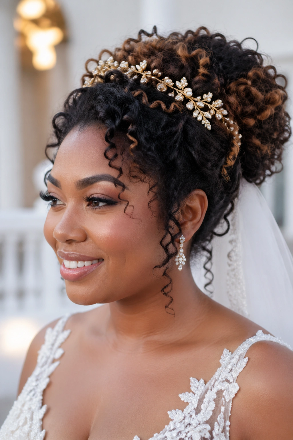 Close-up of a real bride with two-tone bridal hairstyle with extensions