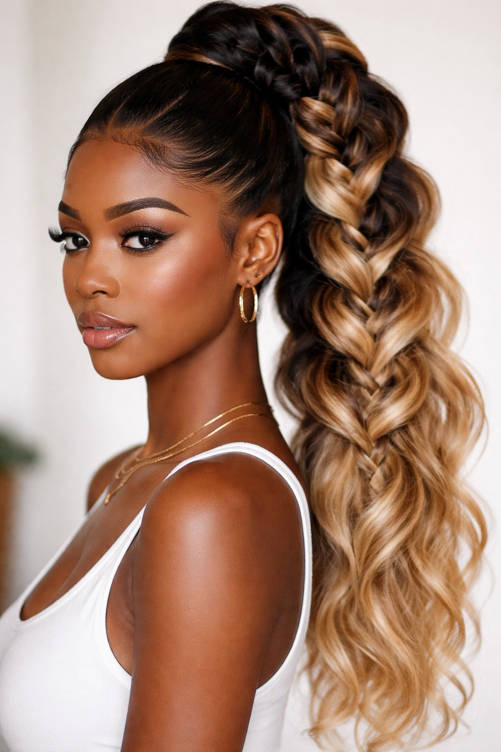 Two-tone butterfly braid ponytail with color contrast