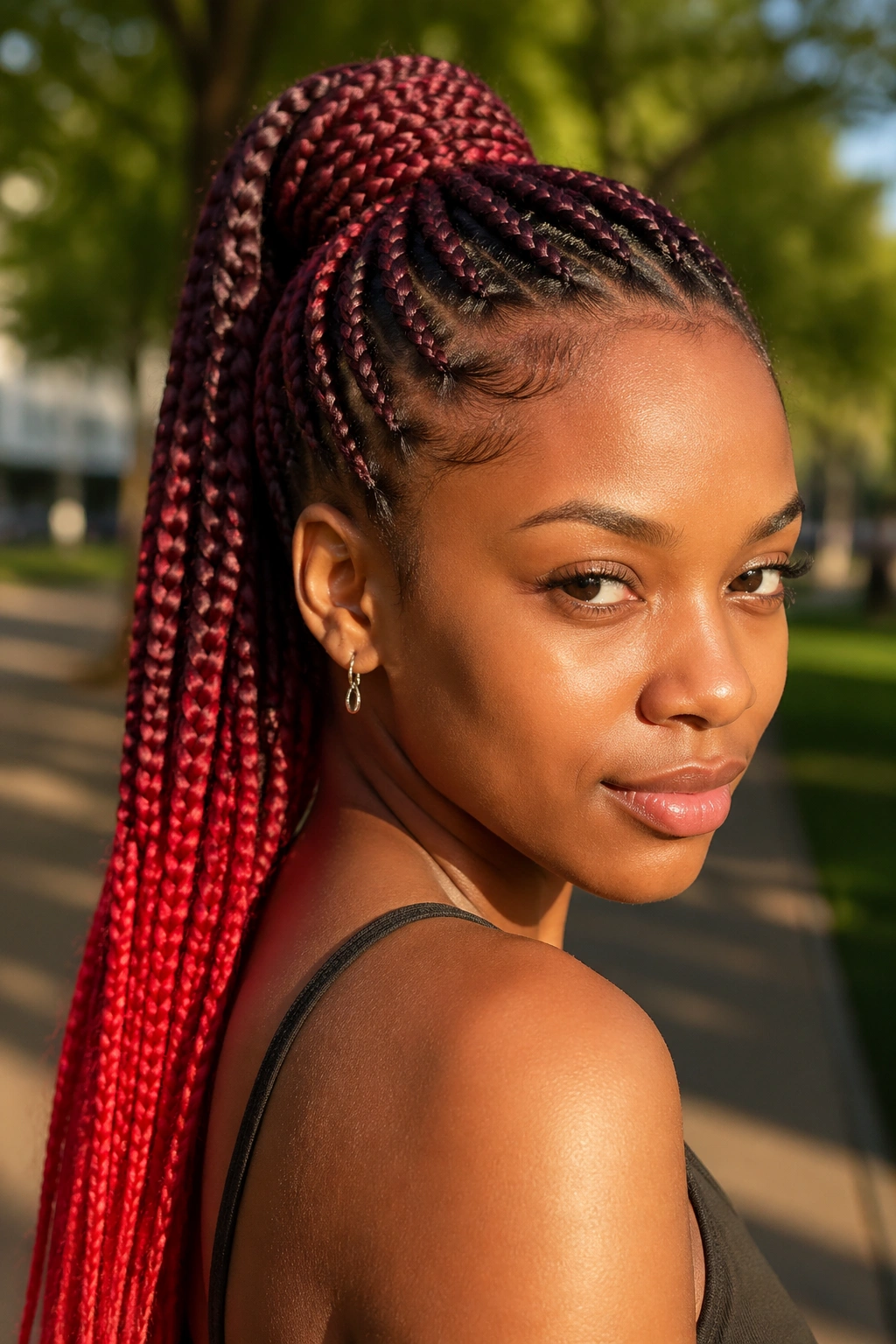 Close-up of a real woman with a two-tone cherry and burgundy braided ponytail
