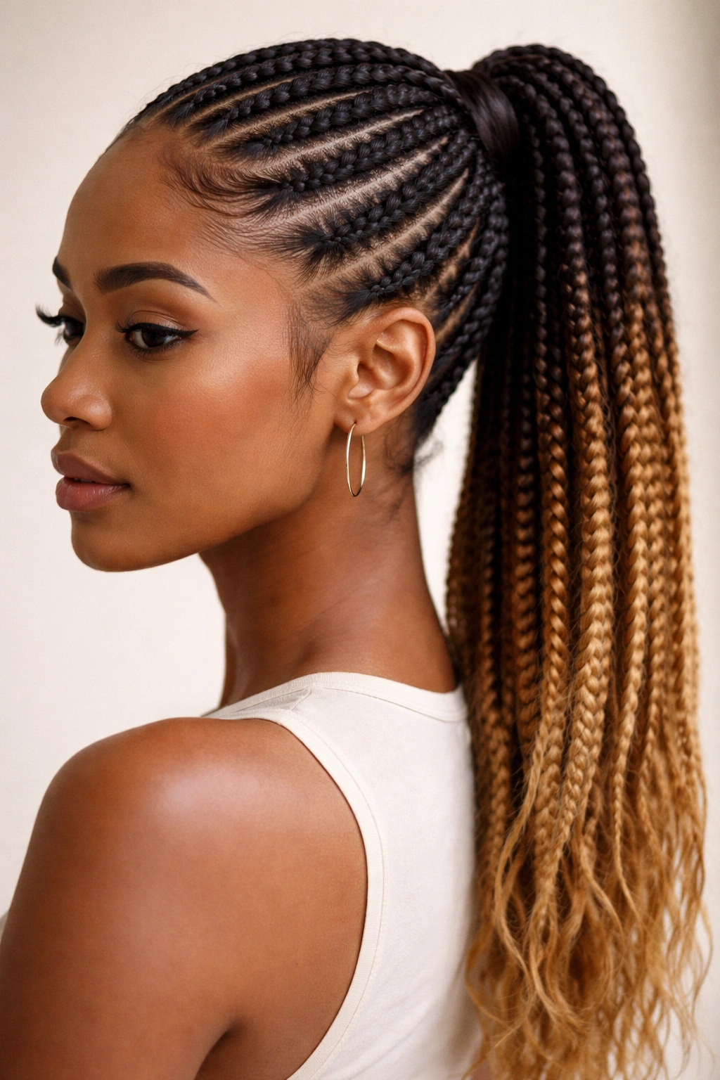Two-tone cornrow ponytail with dark roots fading to honey brown braids