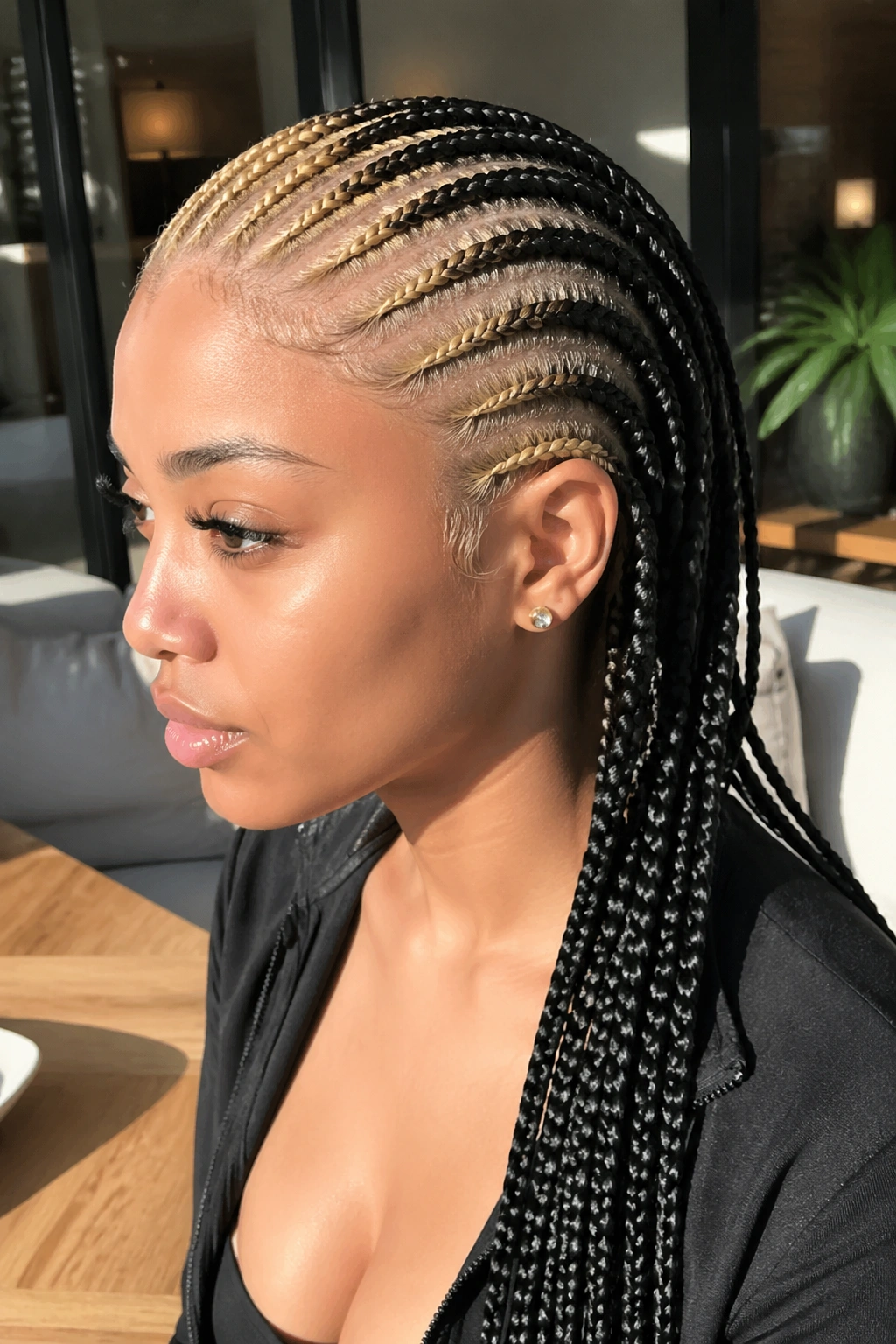 Two-tone blonde-front black-back cornrows on real person, close-up