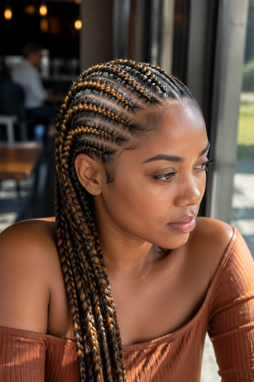 Close-up of real woman with caramel and black two-tone cornrows in tortoiseshell pattern.