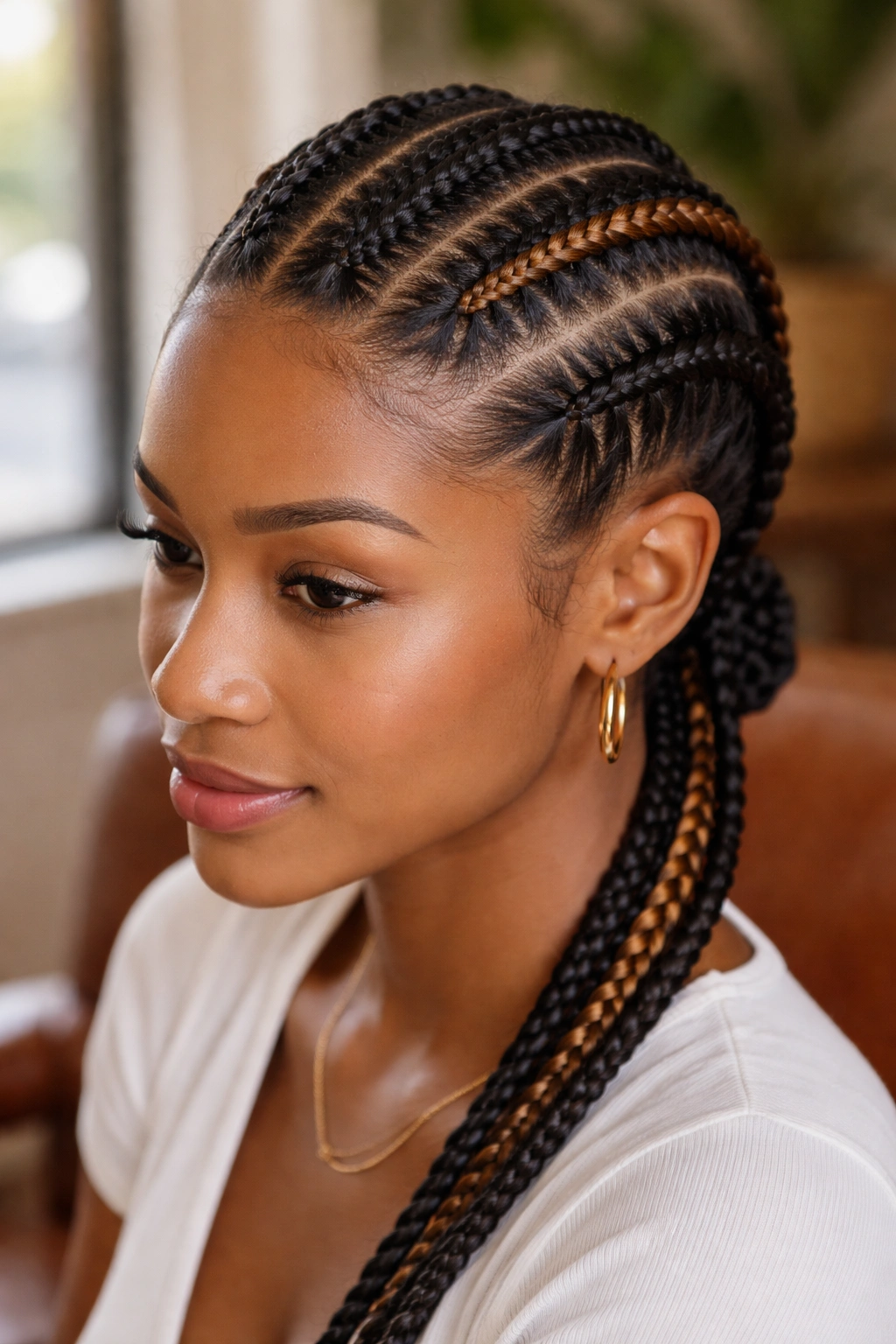 Close-up of two-toned cornrows on a real person with subtle accent cornrows