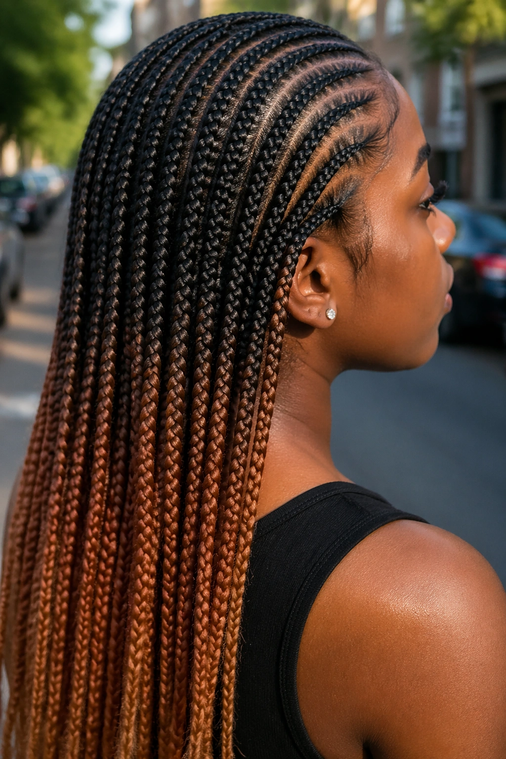 Close-up of two-tone cornrows with mid-length color transition