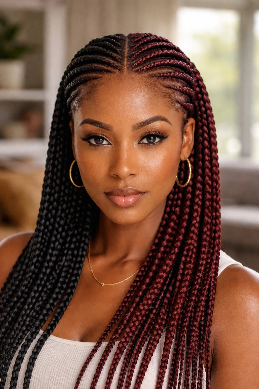 Real woman with all-back cornrows in two-tone color split