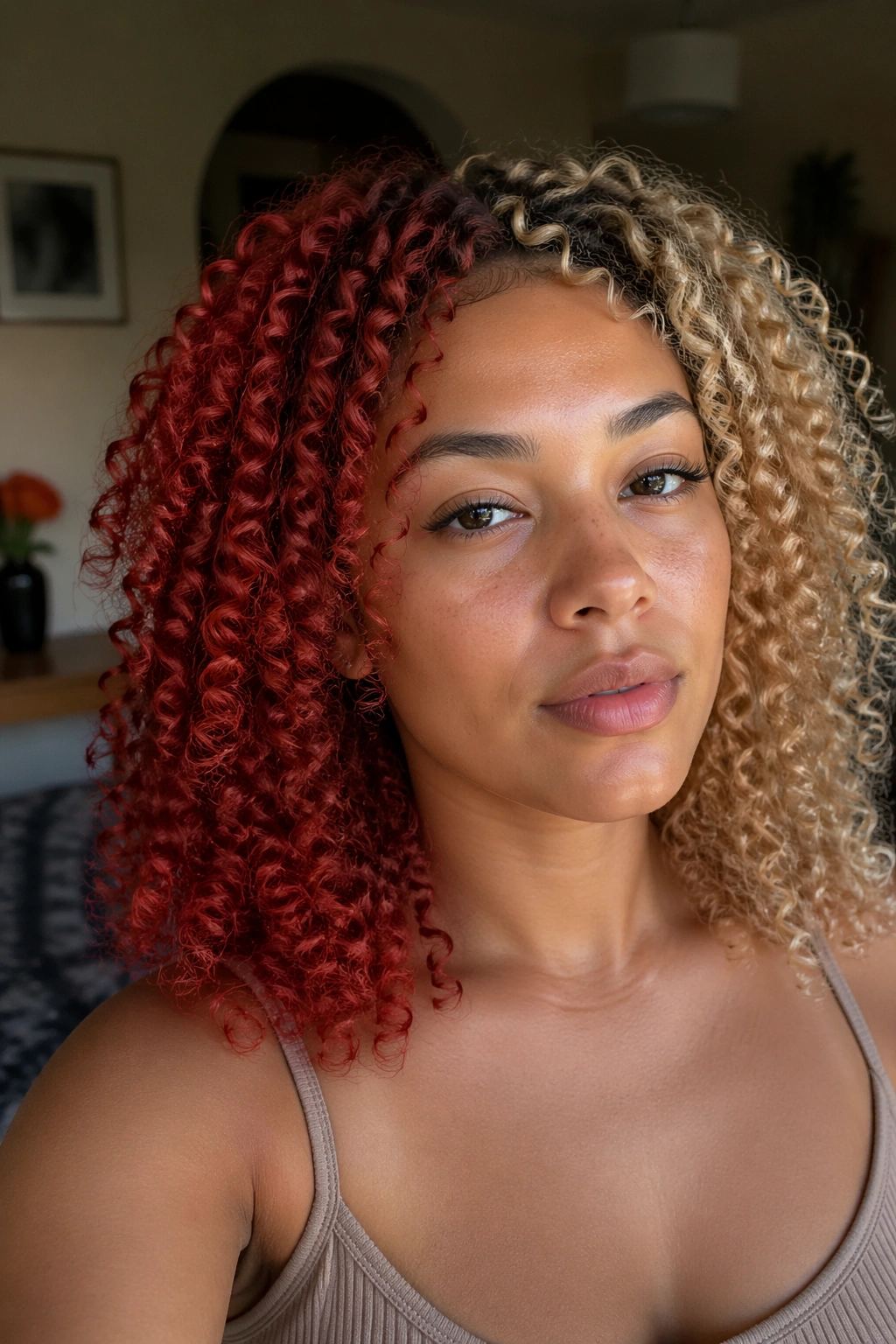 Close-up of a real woman's curly two-tone red and blonde hair