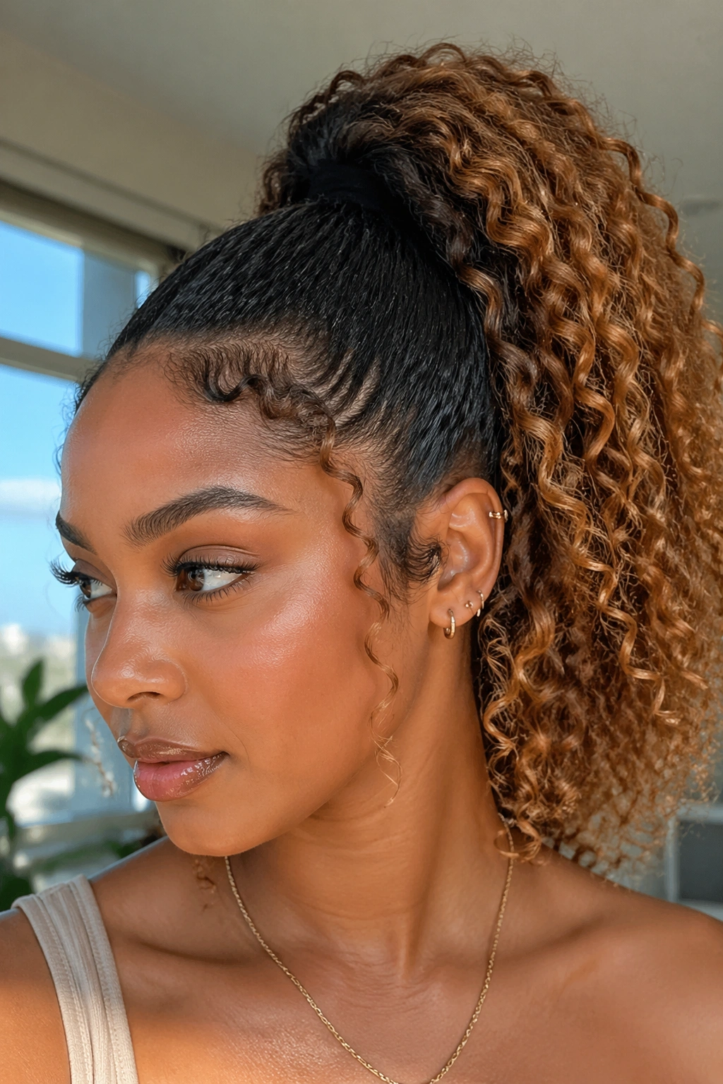 Close-up of a real woman with a two-tone curly ponytail from dark roots to honey ends