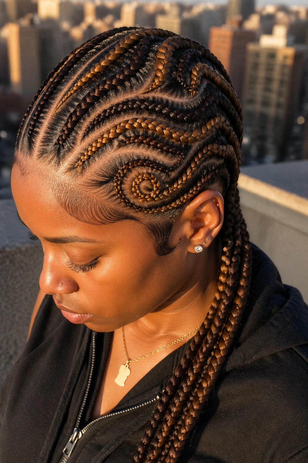 Close-up of a real person with two-tone freestyle cornrows in coffee and caramel on a rooftop at golden hour.