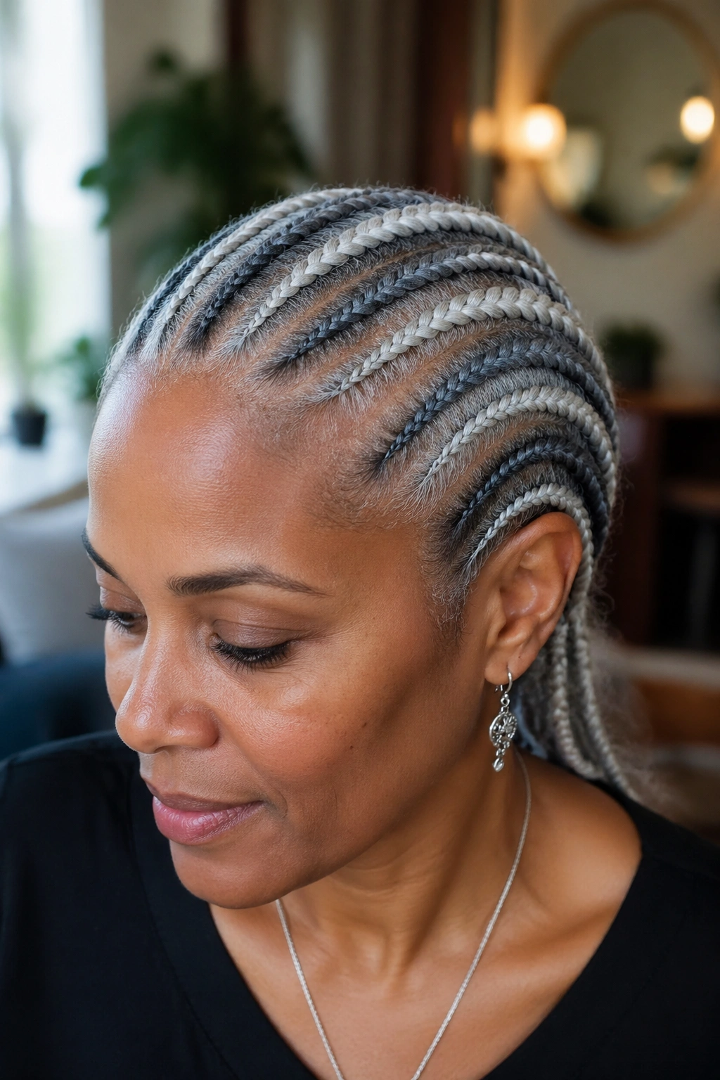 Close-up of two-tone gray cornrows showing alternating light and dark braids.