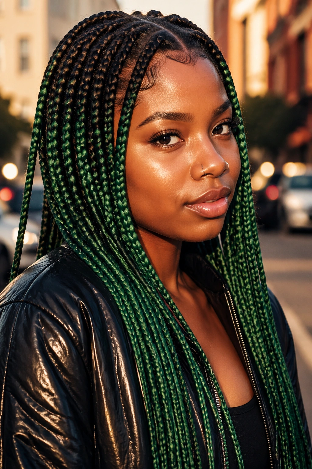 Close-up of two-tone green box braids with black roots.