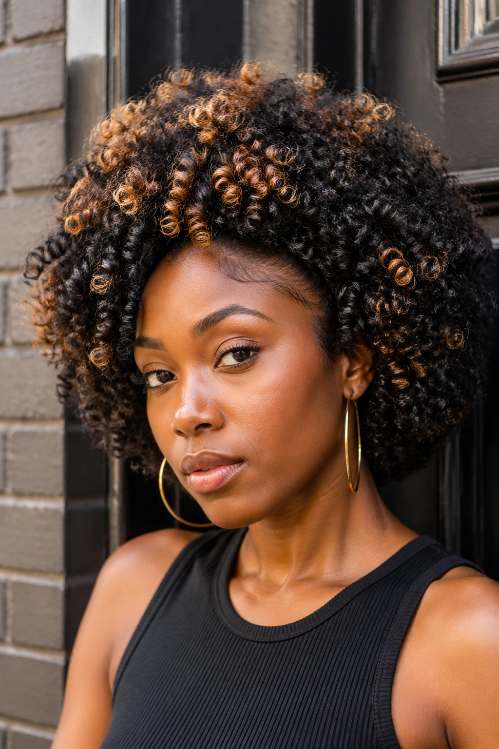 Close-up of a woman with a two-tone highlight crochet afro