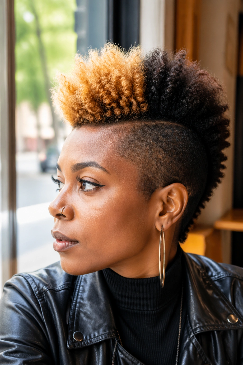 Close-up of a woman with a two-tone center mohawk in natural daylight