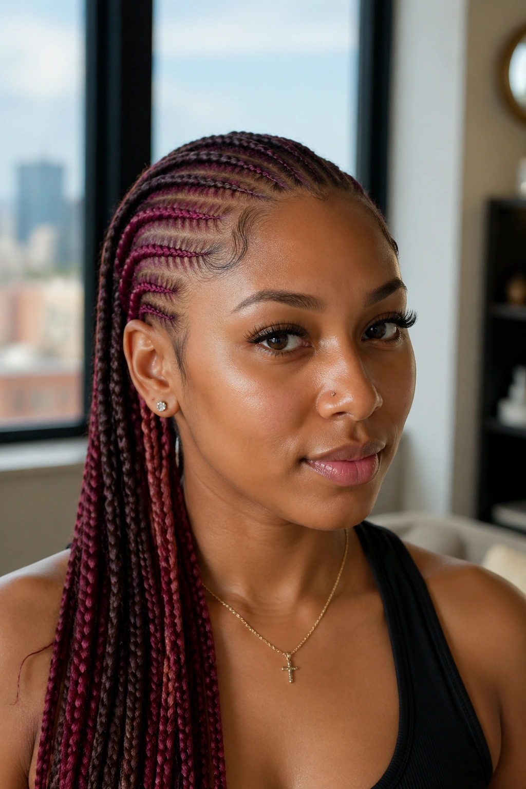 Real person with two-tone peekaboo cornrows showing top and underlayer colors