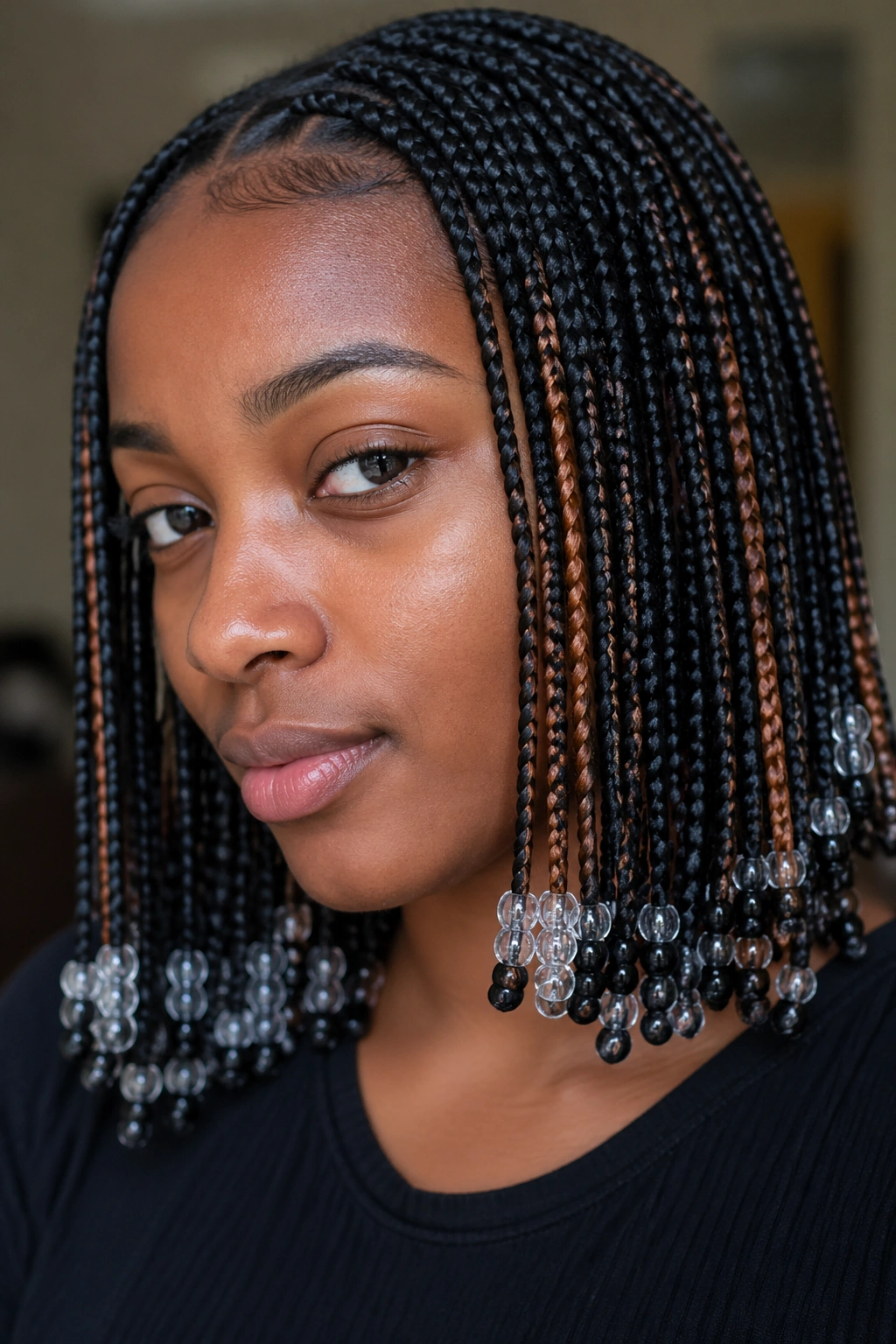 Close-up of two-tone box braids with micro bead clusters