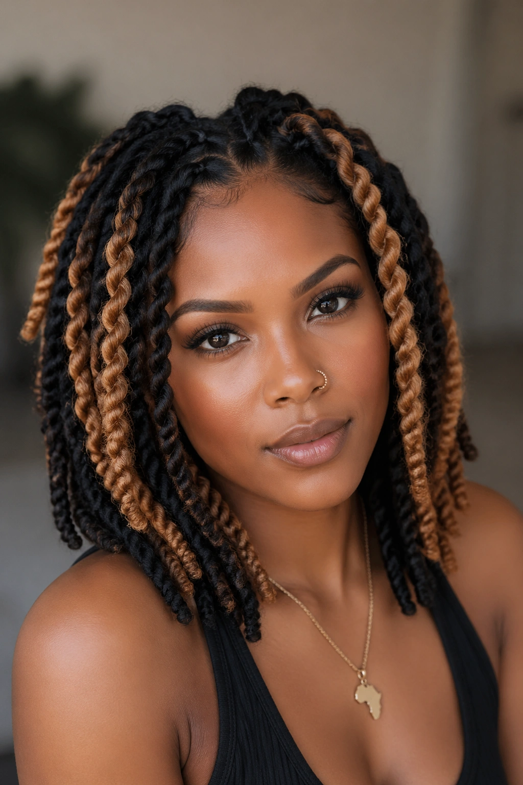 Real woman with two-tone perm twists in bold contrast colors
