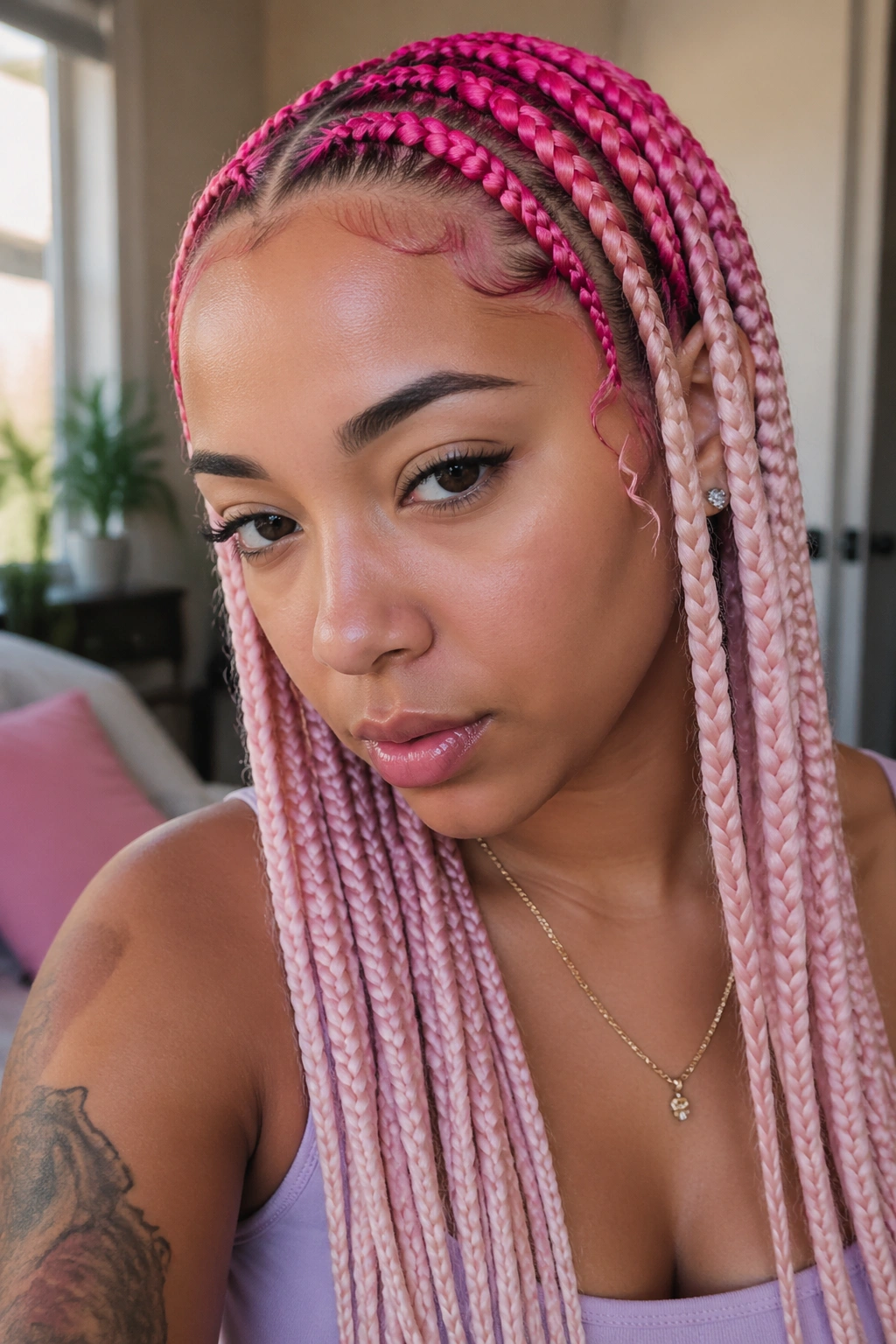 Close-up of a real person showing a sharp two-tone pink color block in hair.