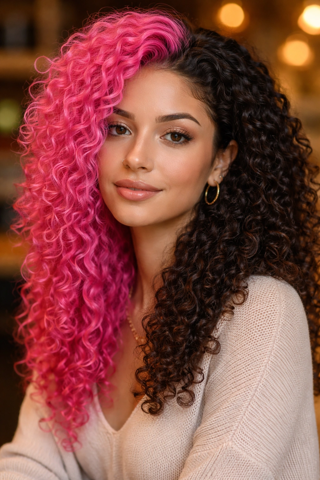 Real woman with two-tone pink and natural hair in a cafe setting