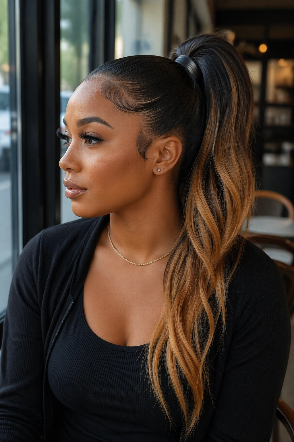Real woman with a two-tone ponytail of dark roots and lighter ends