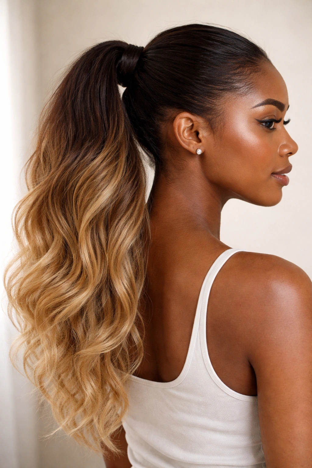 Two-tone ponytail extension with dark roots and lighter ends