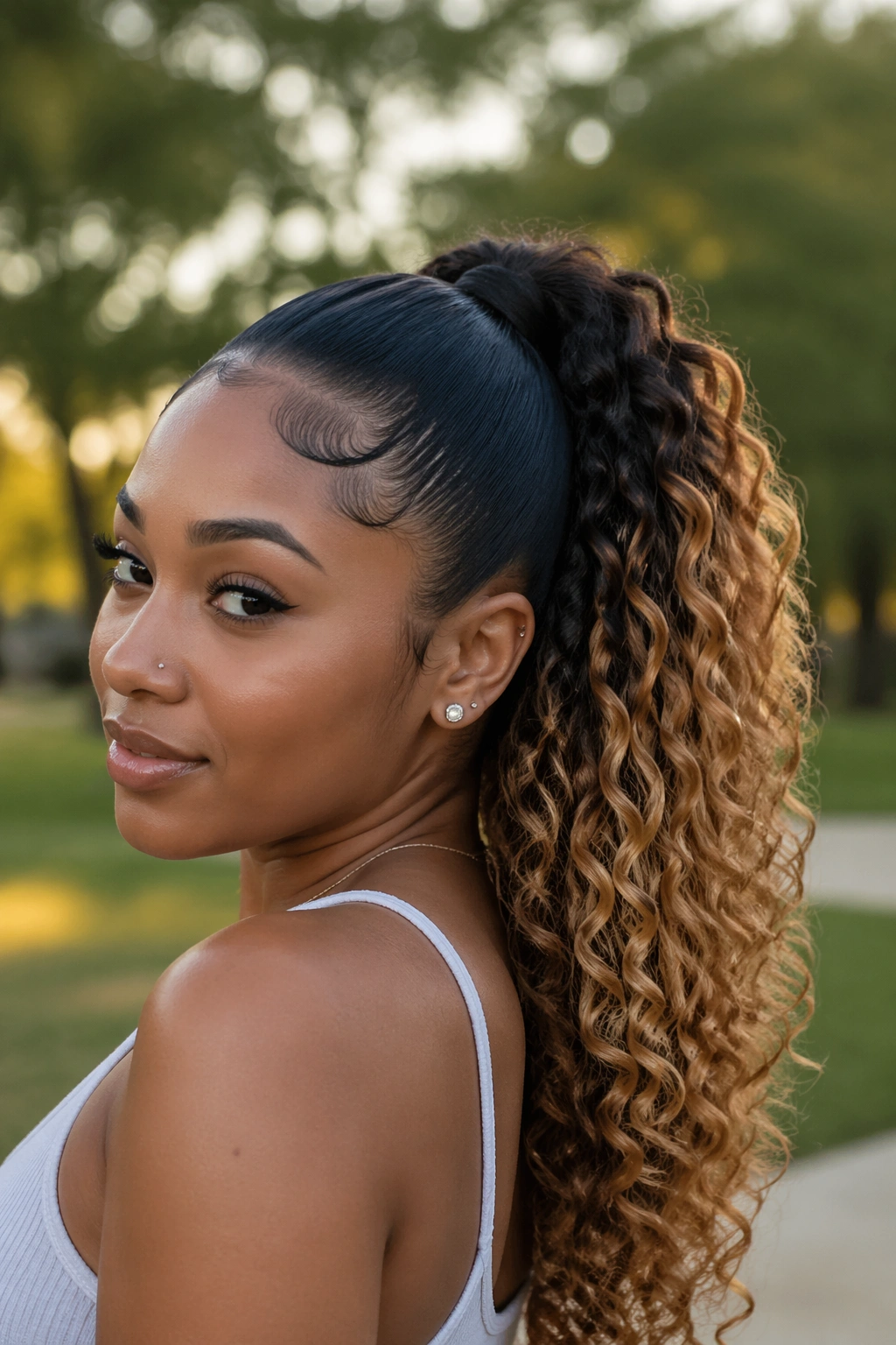 Close-up of a real woman with a dark-root, caramel-ends two-tone ponytail.