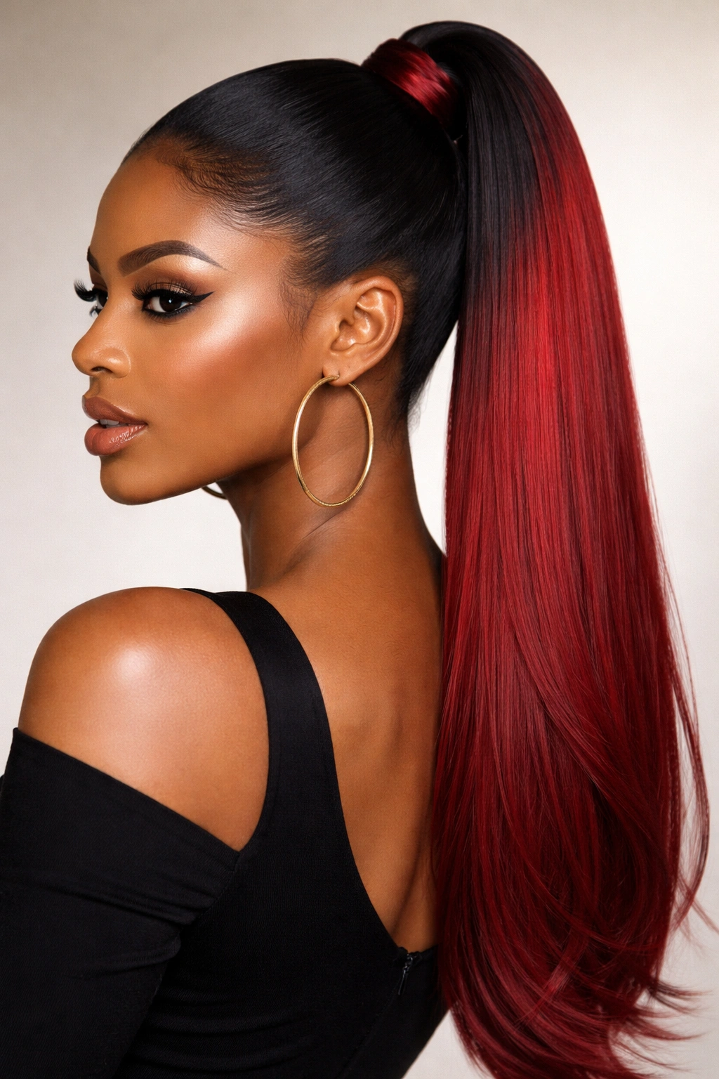 Two-toned black roots fading into a vivid red sleek ponytail with crisp color separation.